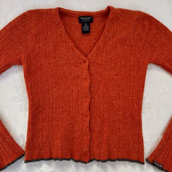 American Eagle Wool Blend Orange Sweater Cardigan Slightly Cropped - Picture 4 of 13